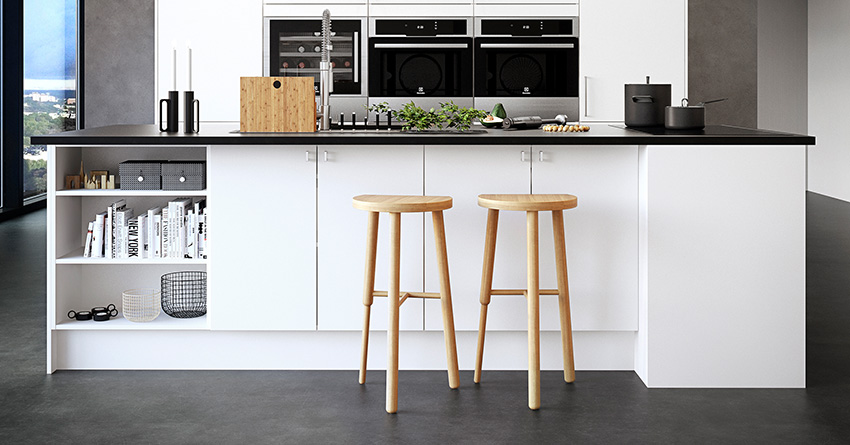 Bygg en köksö med sittplats för att göra köket mer socialt. Här ser du en bild på en vit modern köksö i vårt kök Kust Design Vit 0300.  Den stilrena köksön har plats för matlagningen och två höga pallar där man kan slå sig ned.